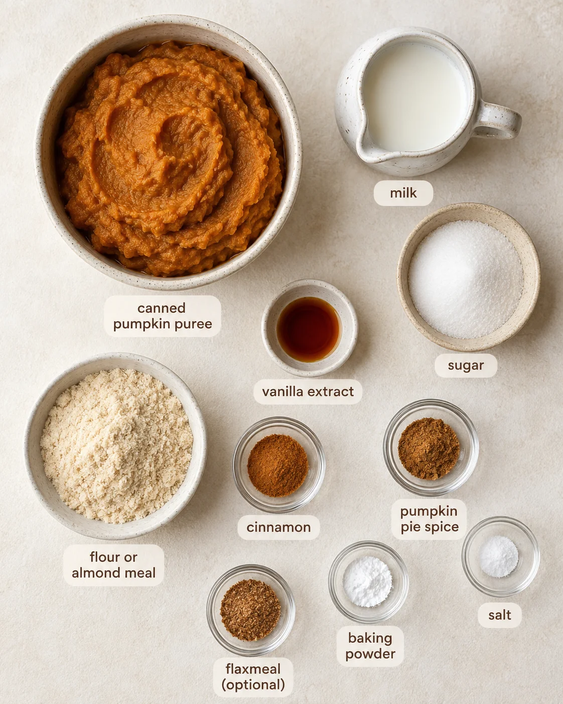 Top-down view of labeled ingredients for crustless pumpkin pie including pumpkin puree, milk, flour and spices