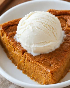 Slice of crustless pumpkin pie topped with a scoop of vanilla ice cream