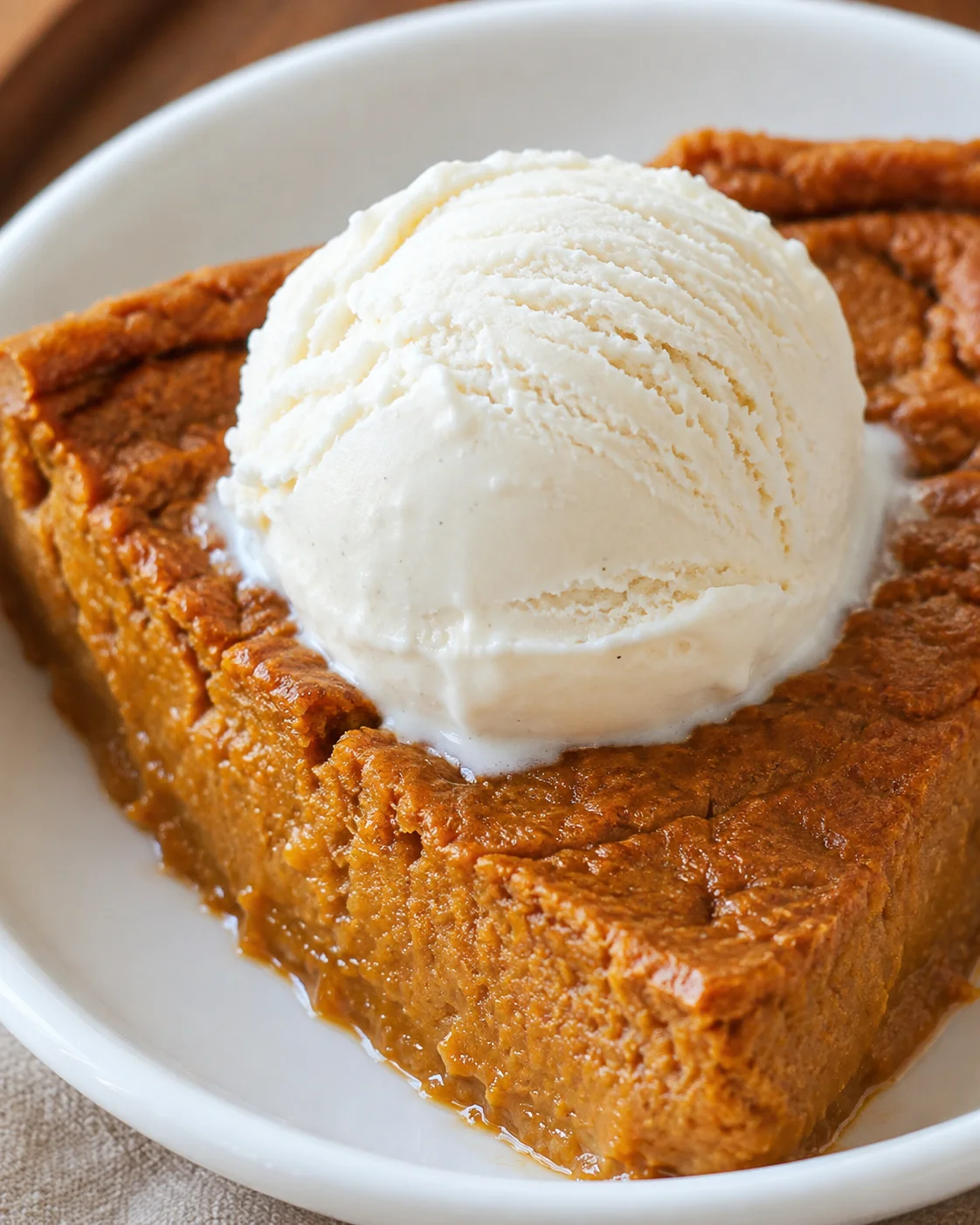 Slice of crustless pumpkin pie topped with a scoop of vanilla ice cream