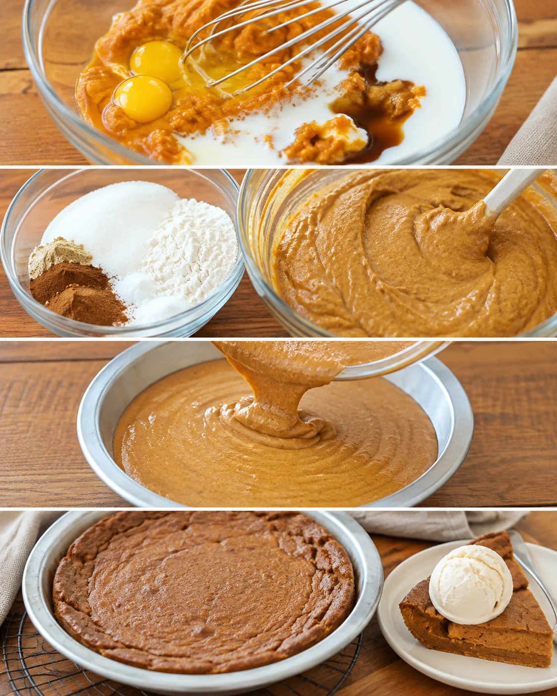 Step-by-step preparation shots showing mixing, batter, pouring into pan and baked crustless pumpkin pie
