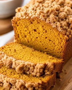 Sliced pumpkin bread loaf with crumb topping on a wooden board