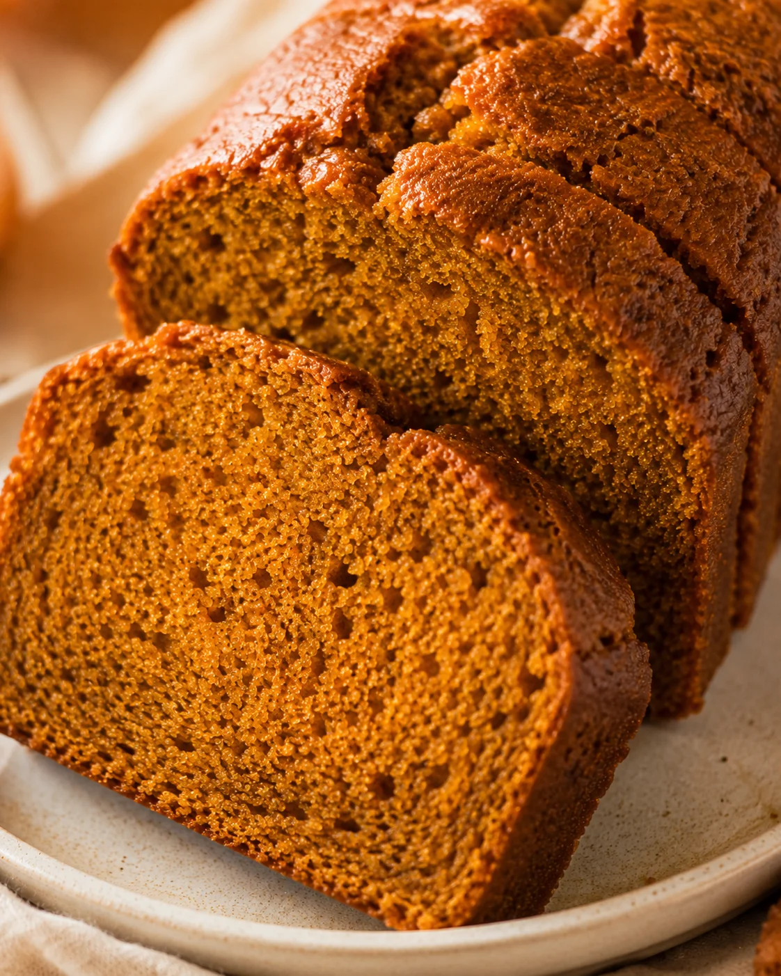 Sliced pumpkin bread loaf on a plate showing the moist crumb and browned top