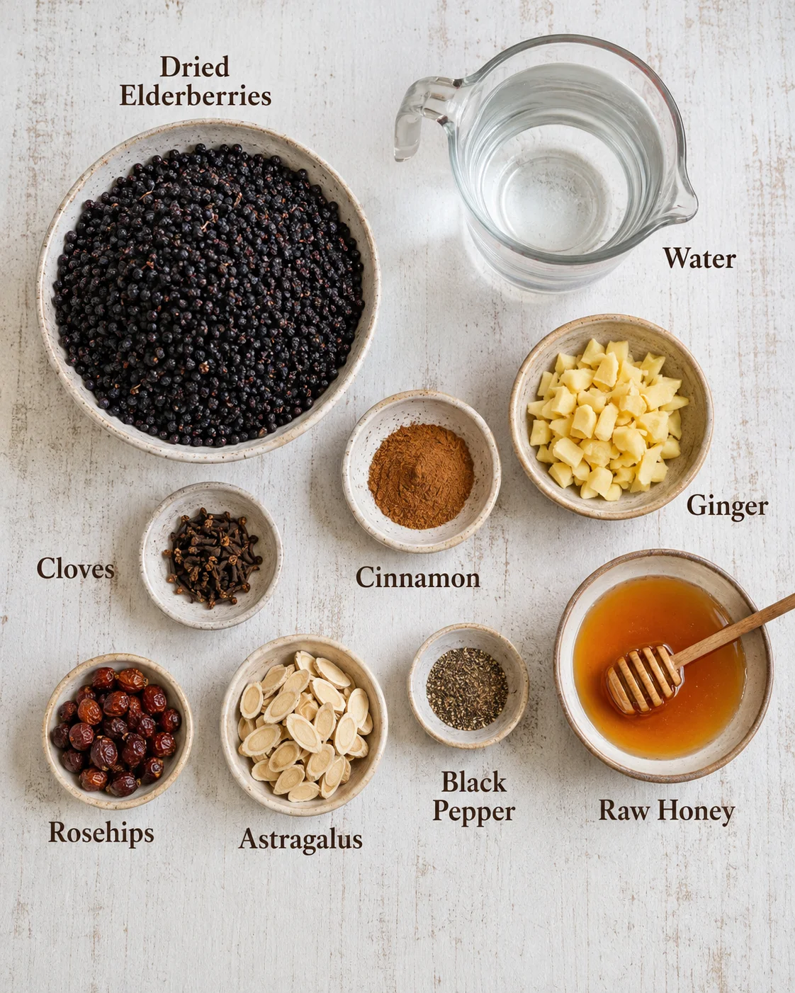 Top-down arrangement of dried elderberries, water, ginger, cinnamon, cloves, rosehips, astragalus, black pepper and honey