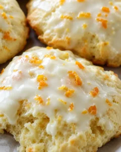 Close-up of a glazed orange scone with orange zest on top