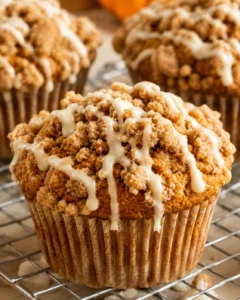 Close-up of a gluten free pumpkin muffin topped with streusel and maple glaze