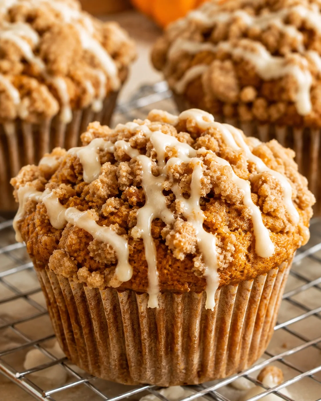 Close-up of a gluten free pumpkin muffin topped with streusel and maple glaze