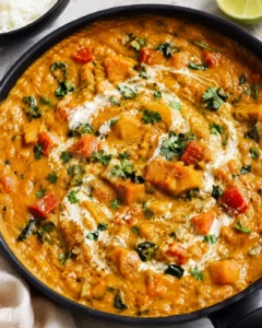 Skillet of creamy Indian pumpkin curry garnished with cilantro and a swirl of coconut milk