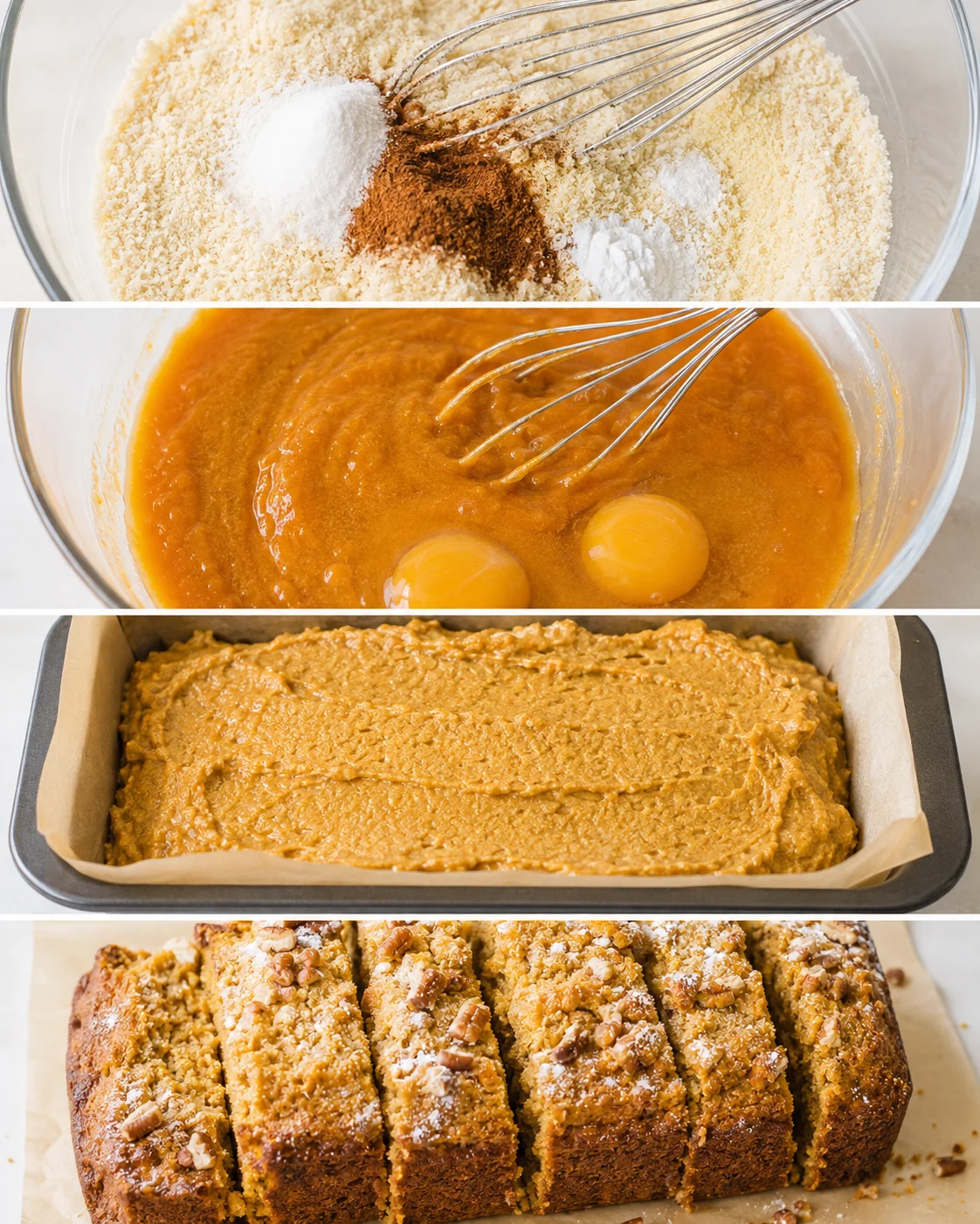 Multi-panel process photos showing dry ingredients, wet ingredients with eggs, batter in loaf pan, and the baked sliced loaf