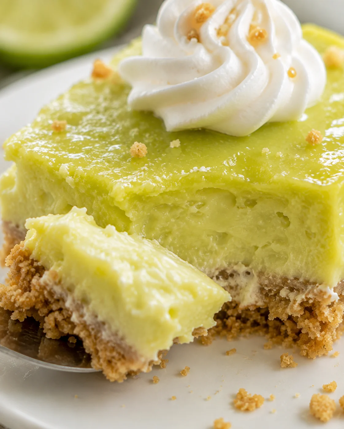 Close-up cross-section of a key lime bar showing creamy filling and crumbly graham crust