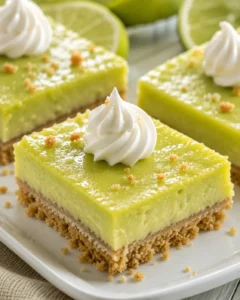 Three key lime bars with graham cracker crust topped with piped whipped cream