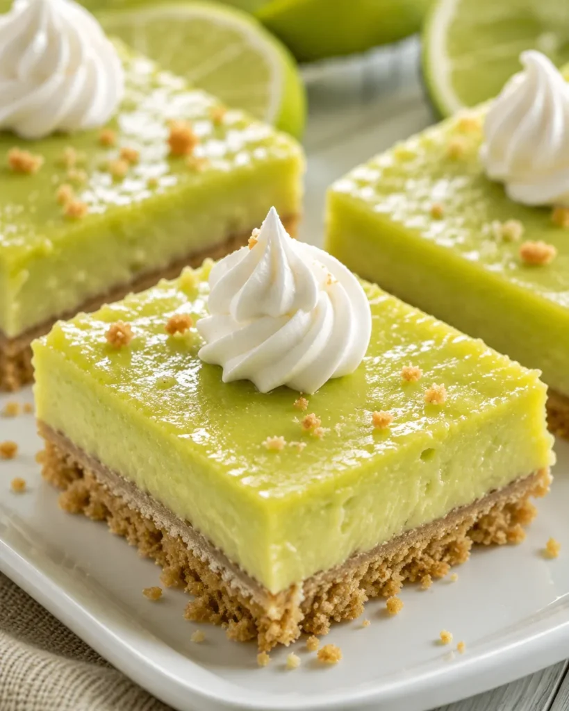 Three key lime bars with graham cracker crust topped with piped whipped cream