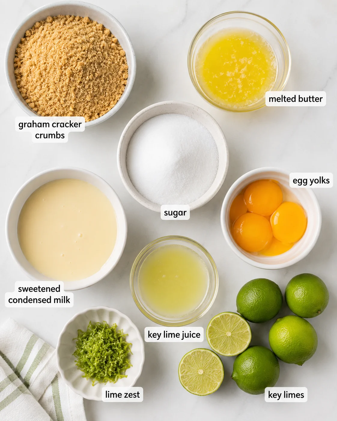 Top-down view of ingredients for key lime bars including graham cracker crumbs, butter, sugar, egg yolks, condensed milk, lime juice and zest