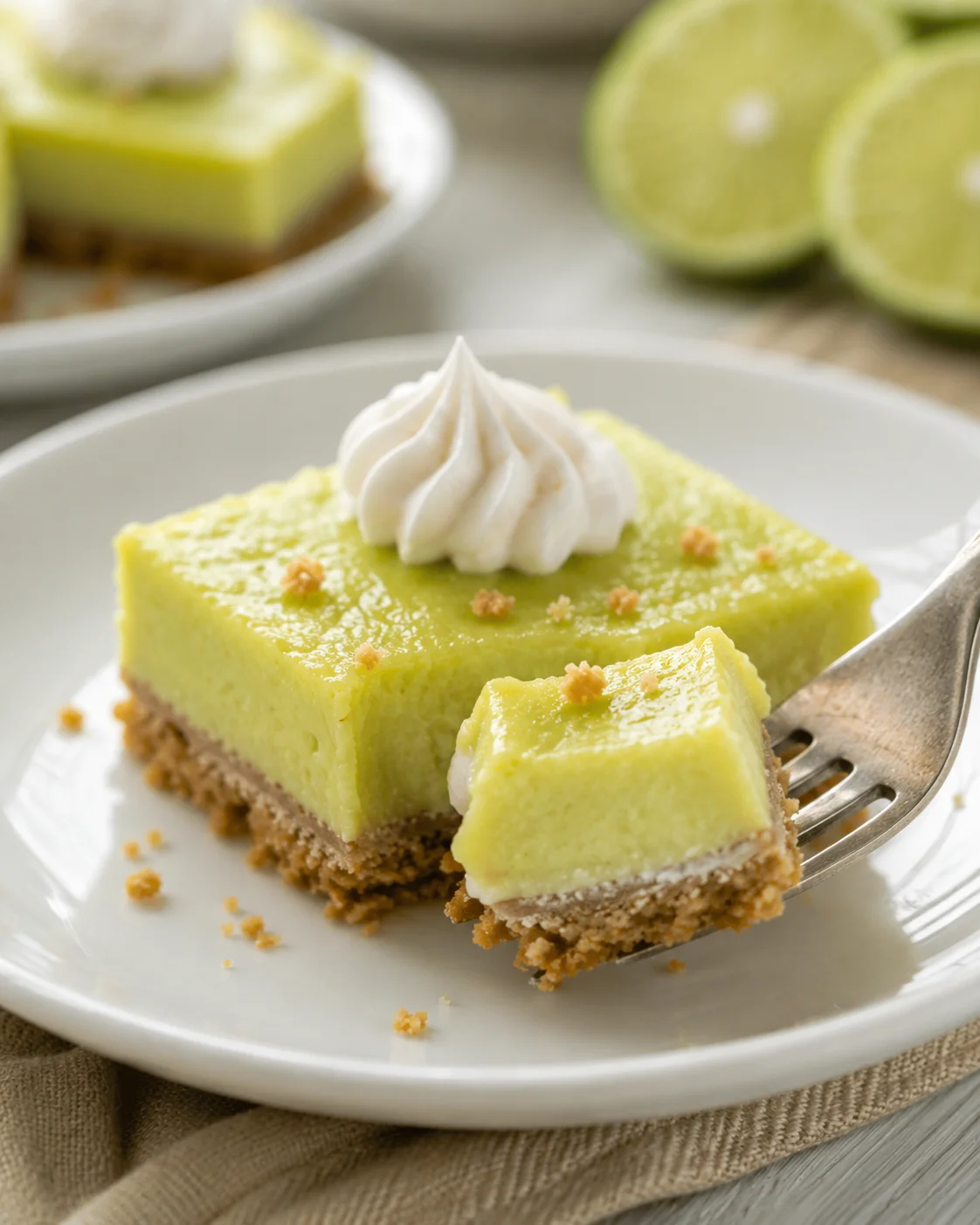 Single key lime bar on a small white plate with a fork lifting a bite