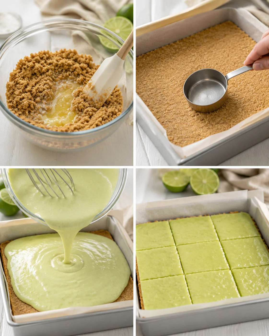 Four-panel collage showing mixing crumbs, pressing crust, pouring filling, and sliced baked bars