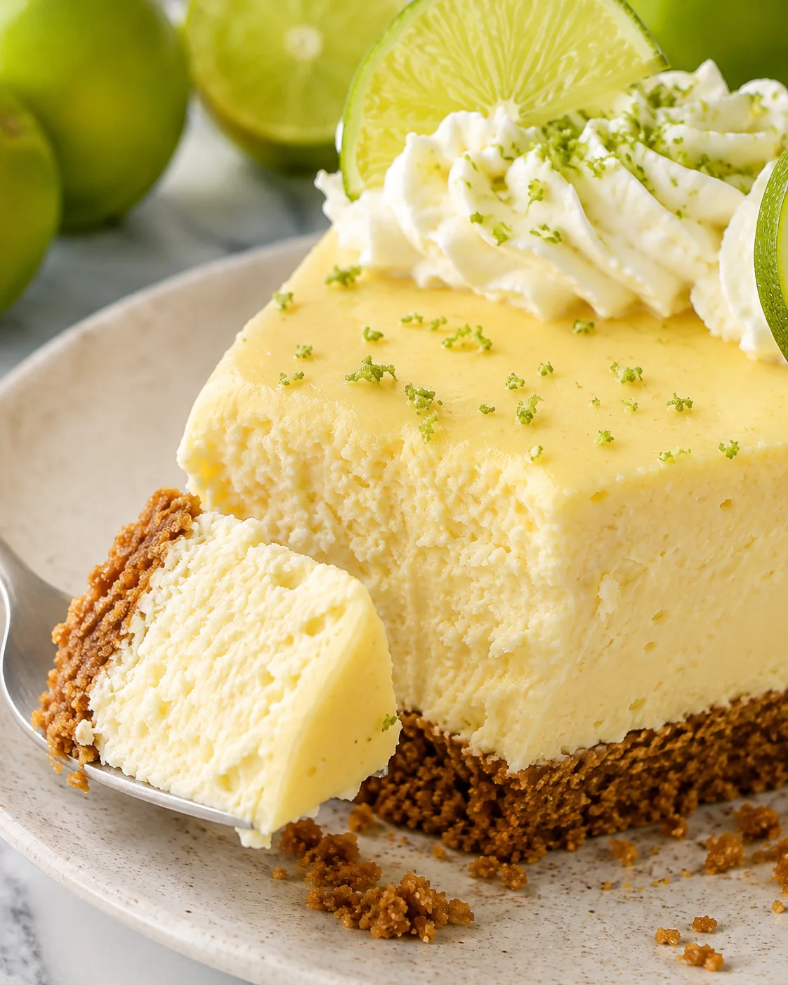 Close-up of a forkful of key lime cheesecake showing creamy interior and crumbly crust with lime zest