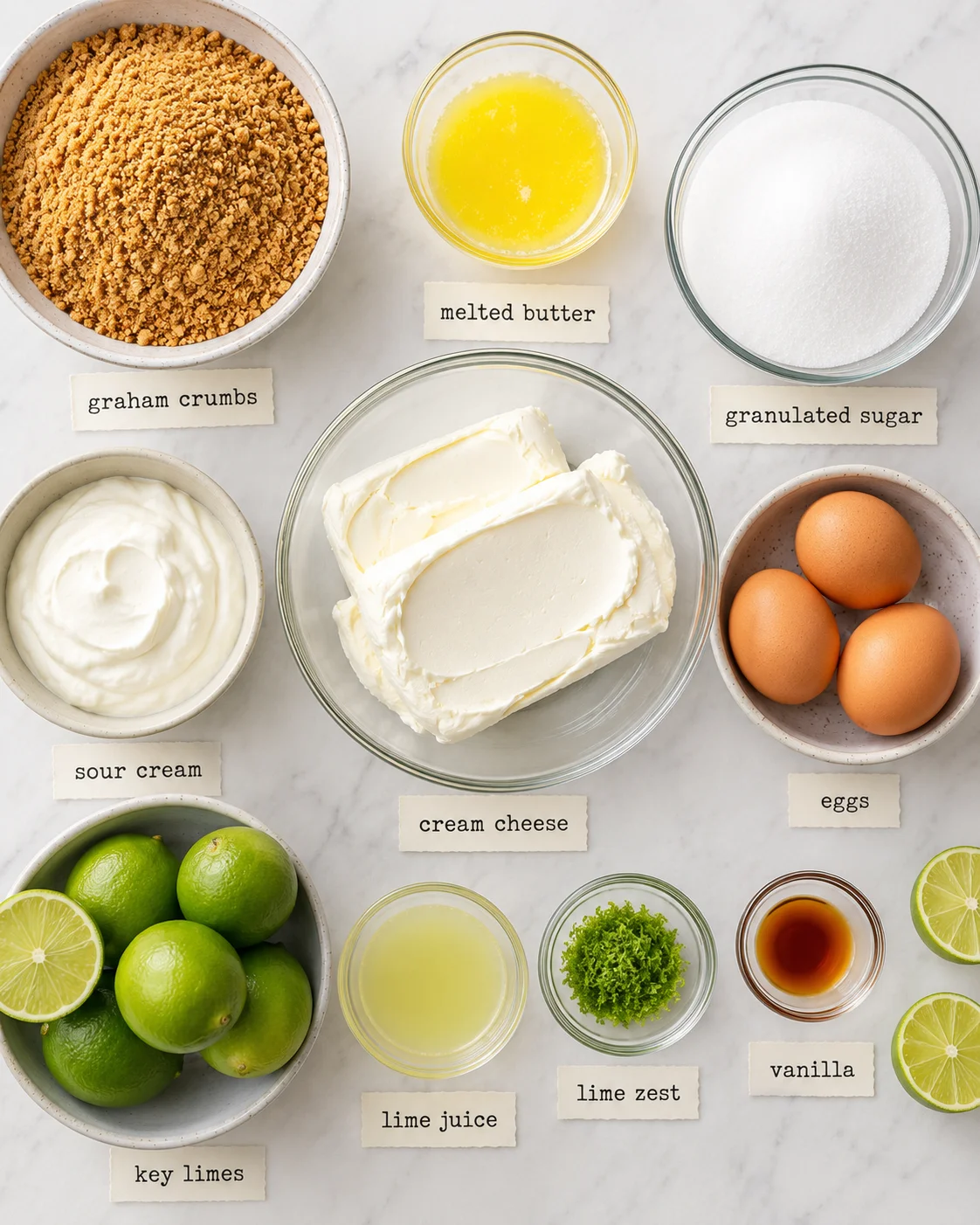 Top-down layout of ingredients for key lime cheesecake including cream cheese, graham crumbs, limes, eggs, sugar and bowls of juice and zest