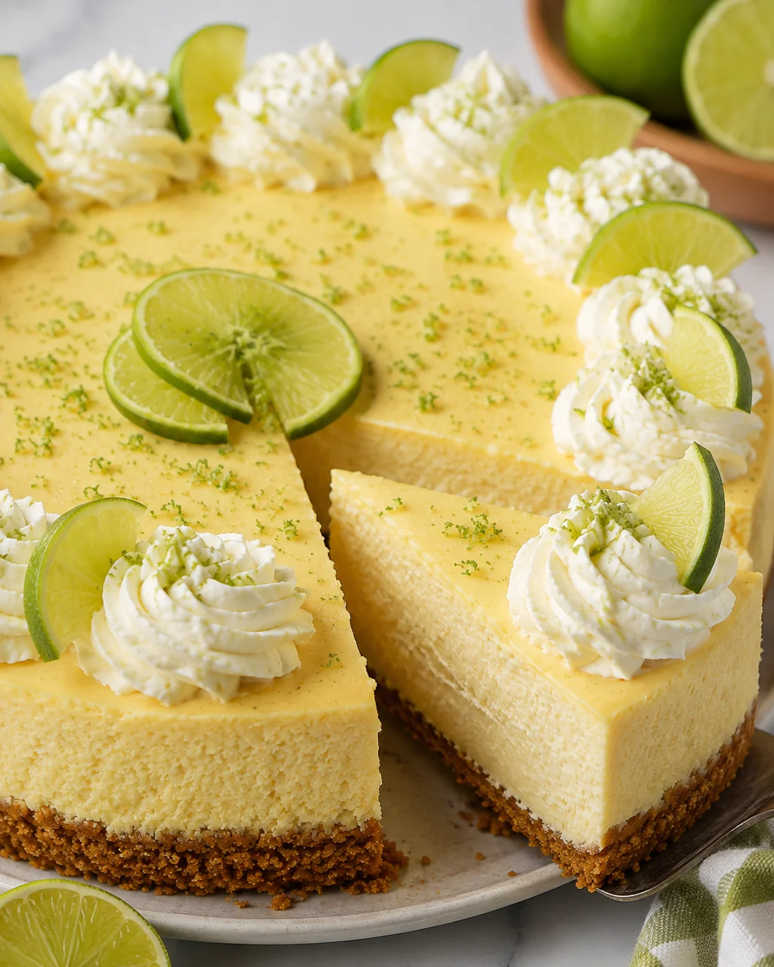 Slice being removed from key lime cheesecake showing the thick creamy filling and graham cracker crust