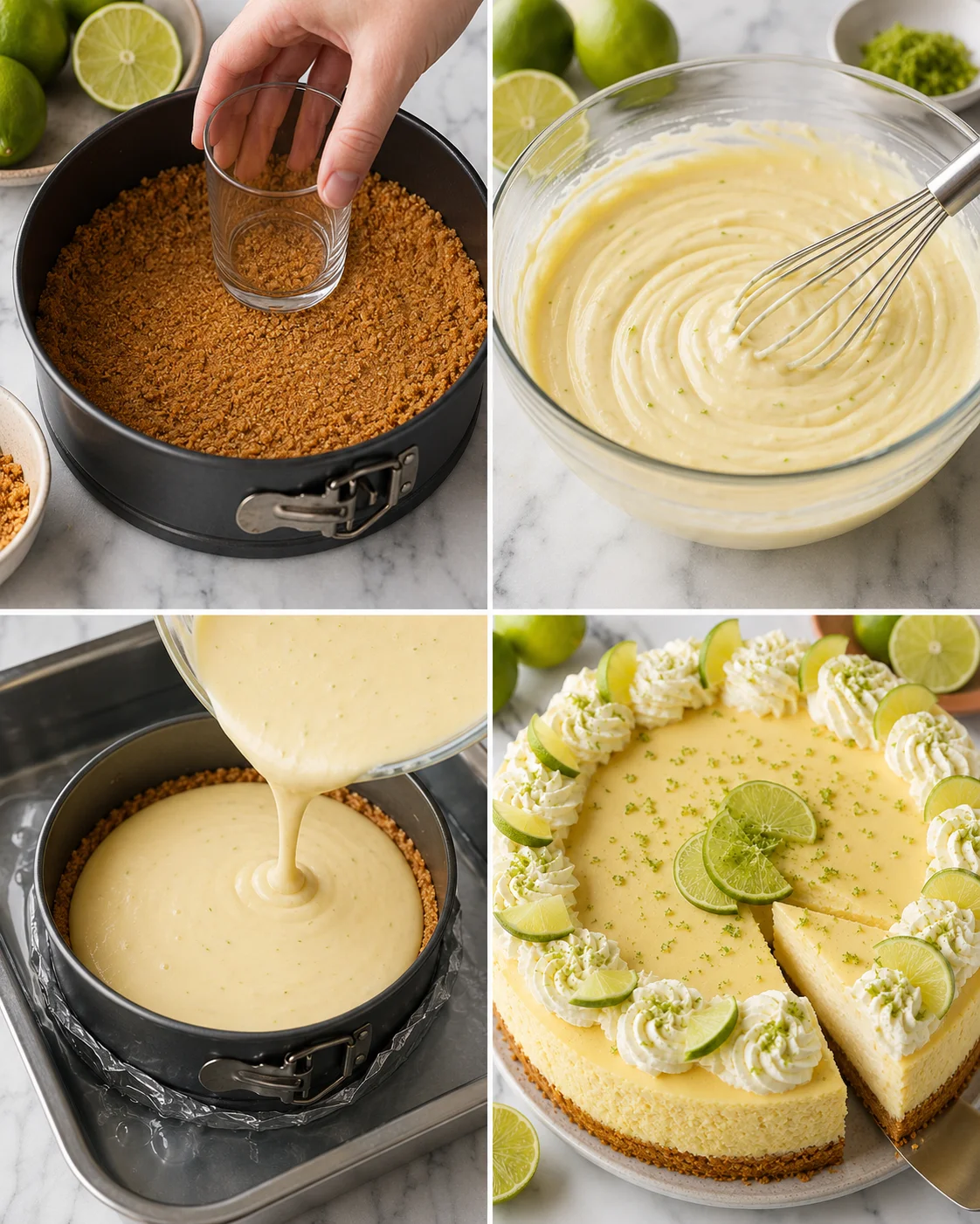 Four-panel collage showing pressing crust, whisking filling, pouring batter into pan in a water bath, and the finished cheesecake with a cut slice