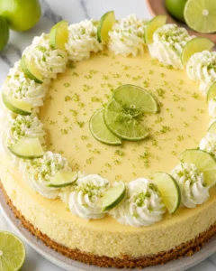 Whole key lime cheesecake topped with piped whipped cream rosettes, lime slices, and lime zest