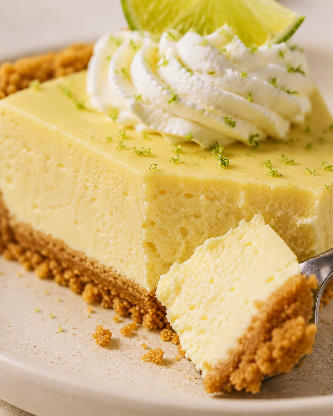 Close detail of the creamy interior and graham cracker crust of a no‑bake key lime pie