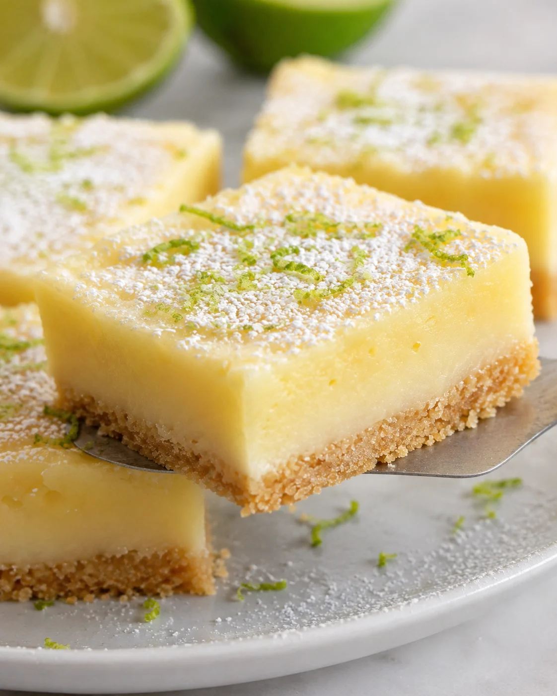 A lime bar being lifted on a spatula with other bars and lime halves in the background