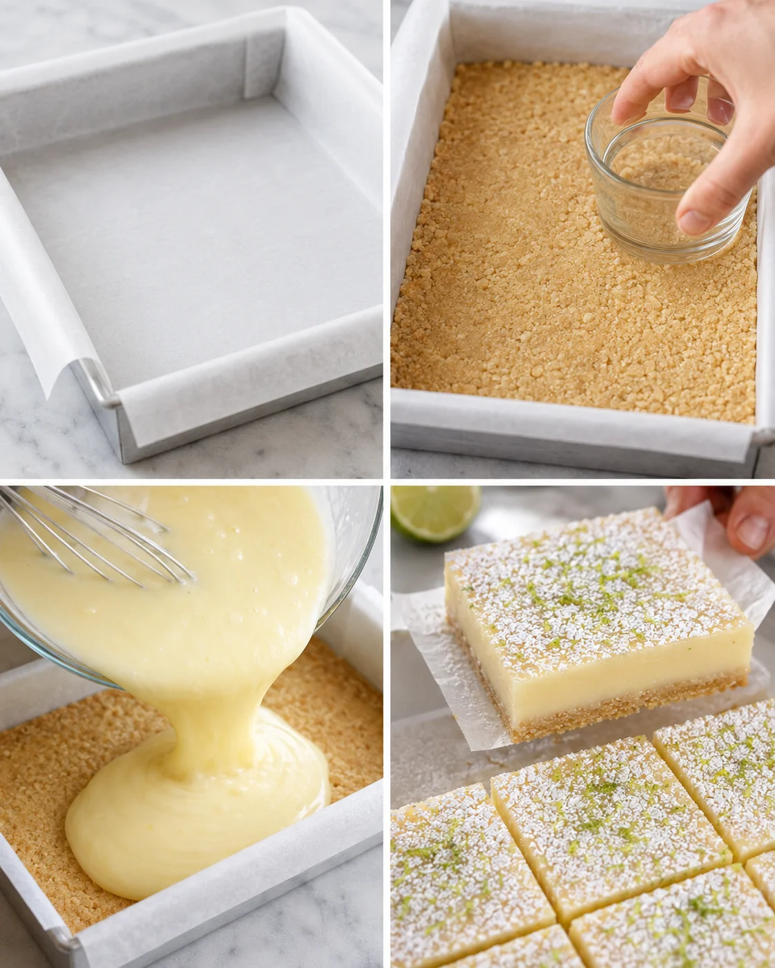 Four-panel collage showing lining the pan, pressing the crust, pouring the lime filling, and sliced lime bars being lifted
