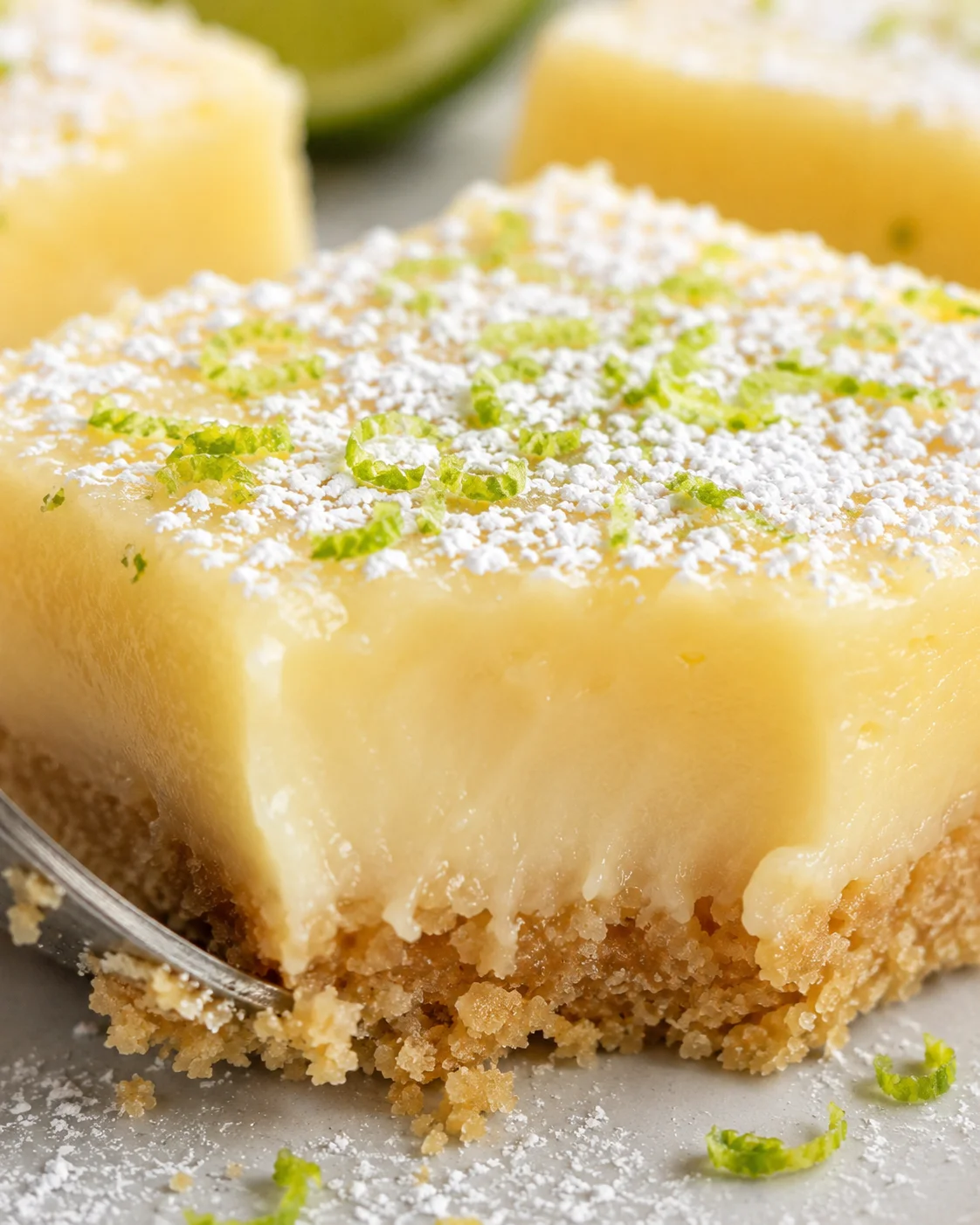 Close detail of a lime bar showing creamy filling and crumbly shortbread crust