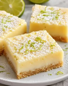 Three lime bars dusted with powdered sugar and lime zest on a plate