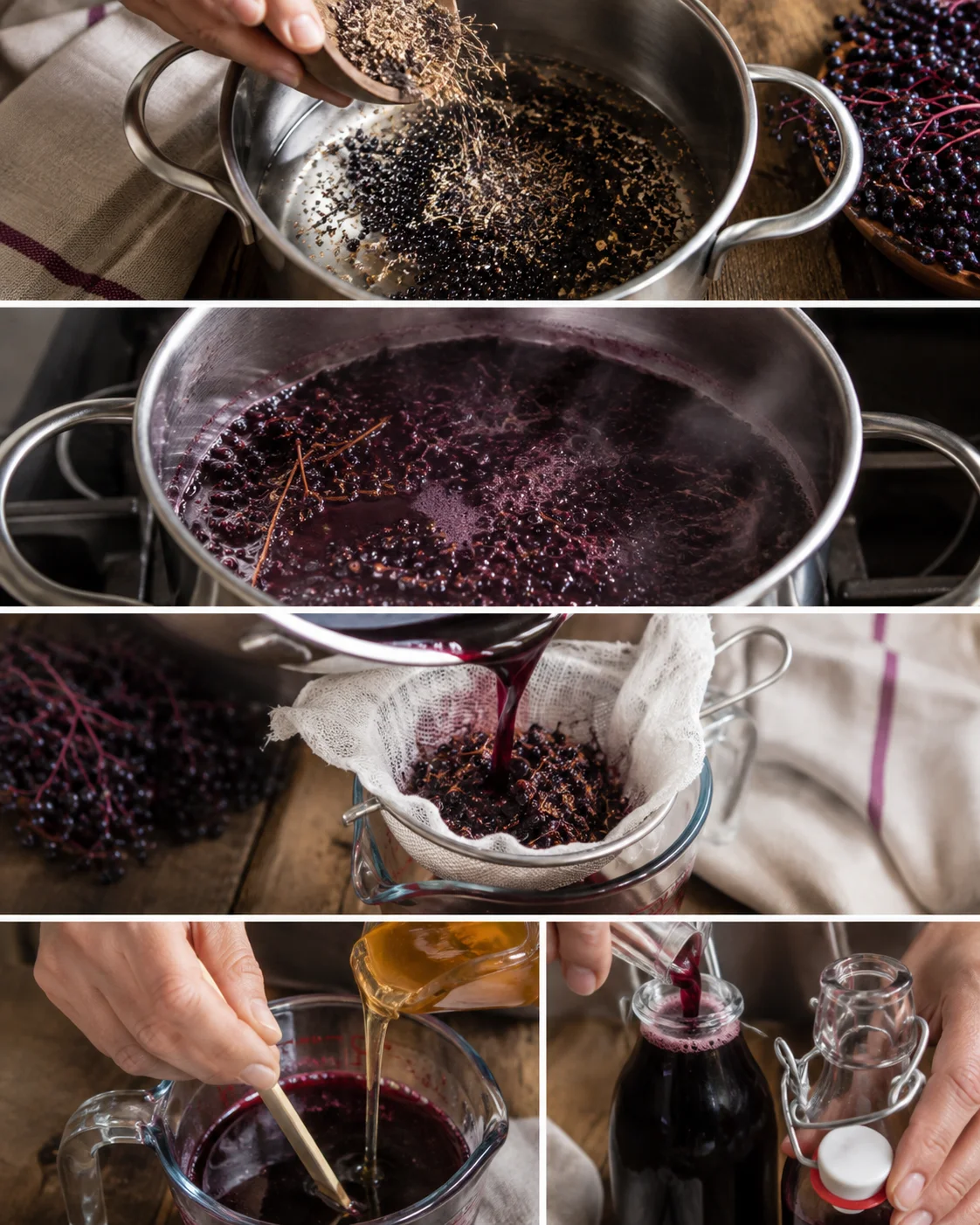 Collage showing adding elderberries to a pot, simmering, straining the liquid, stirring in honey, and bottling the elderberry syrup