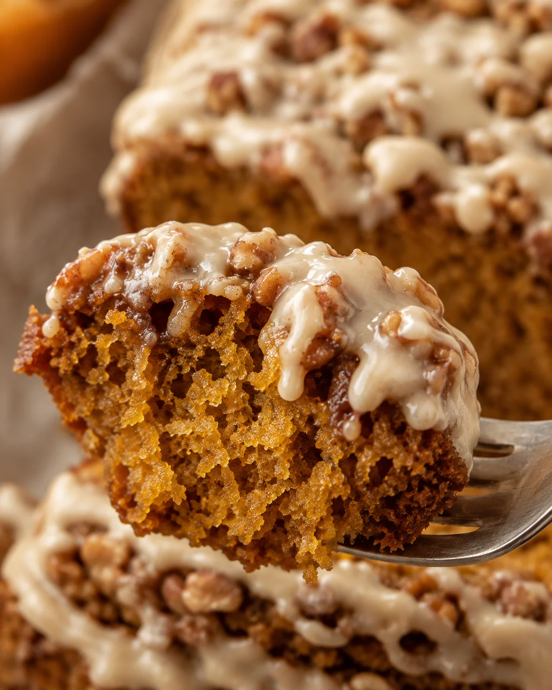 Forkful of maple pumpkin bread showing moist orange crumb and drizzled maple icing