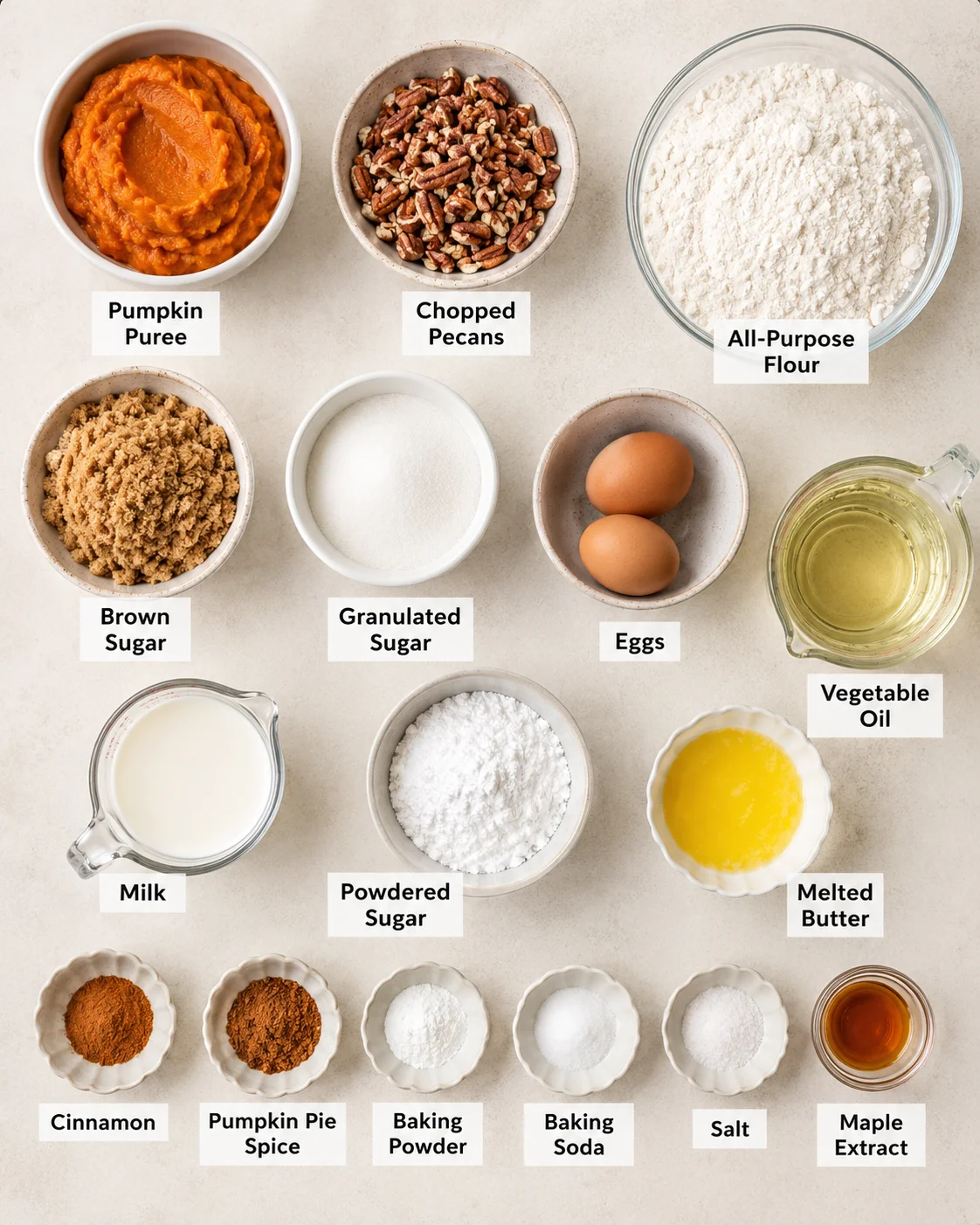 Top-down view of labeled ingredients for maple pumpkin bread including pumpkin puree, flour, sugars, pecans, milk, eggs and spices