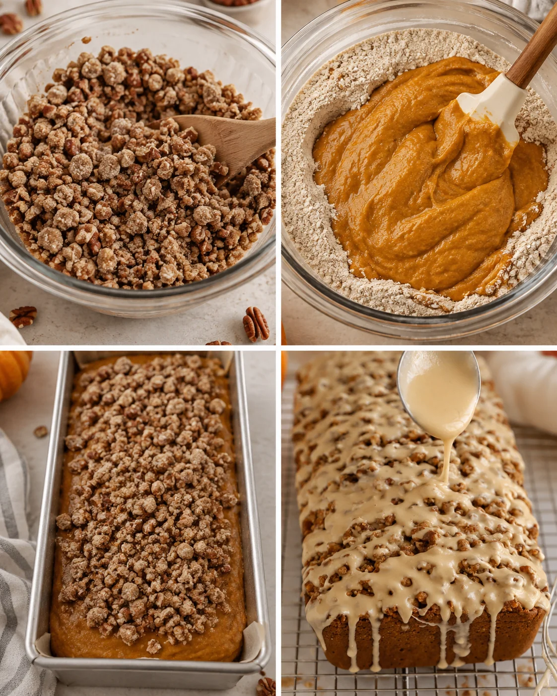 Collage of process shots showing pecan streusel, batter mixing, streusel-topped loaf, and maple glaze being poured
