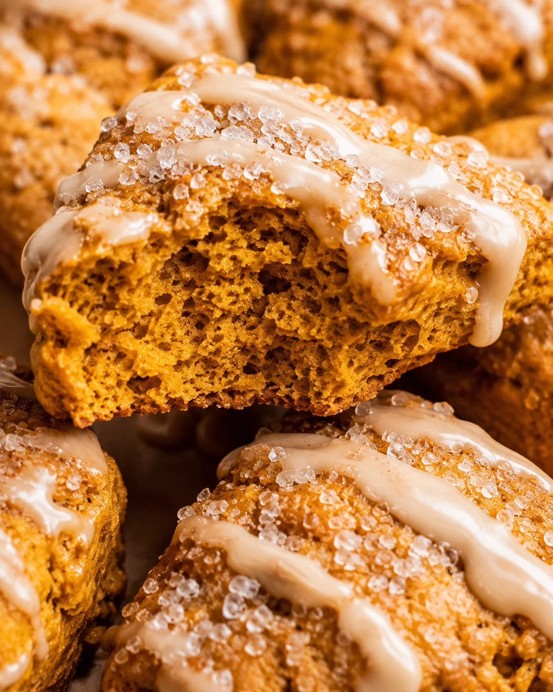 Interior crumb and sugar crystals on a maple pumpkin scone