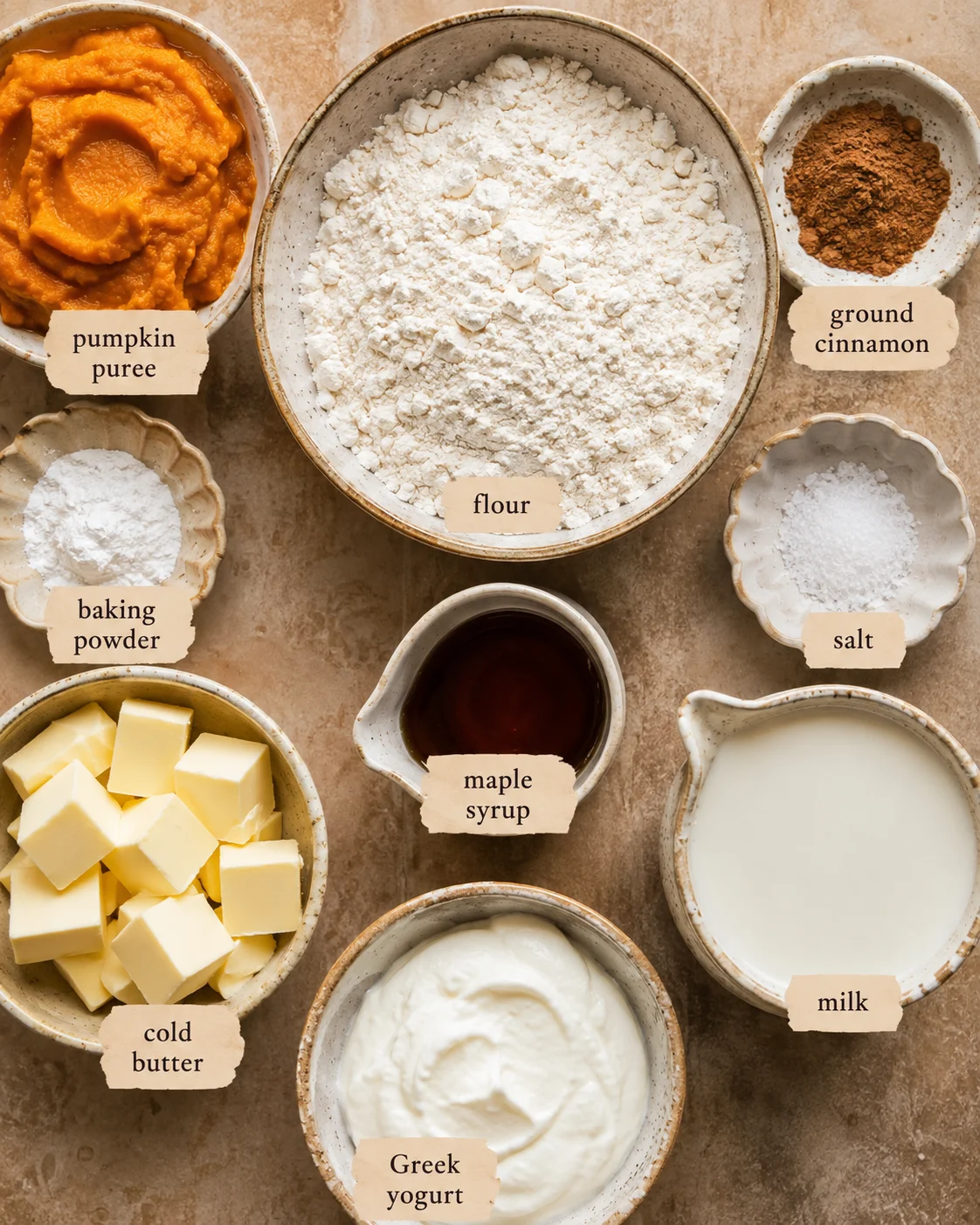 Top-down layout of scone ingredients including pumpkin purée, flour, butter, yogurt, and maple syrup