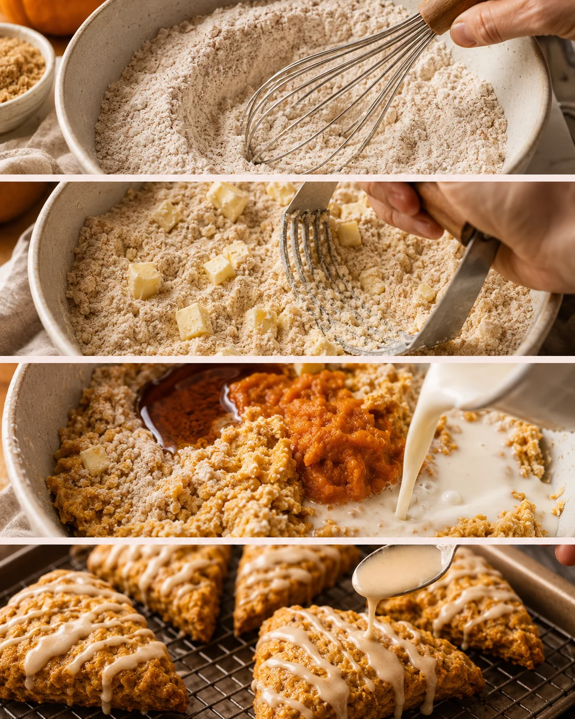 Sequence of mixing, cutting butter, adding pumpkin, and drizzling glaze during scone preparation
