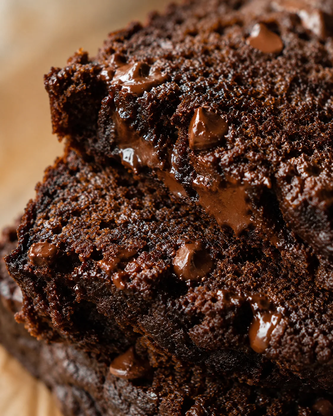 Extreme close-up of the moist crumb and melting chocolate chips inside chocolate pumpkin bread