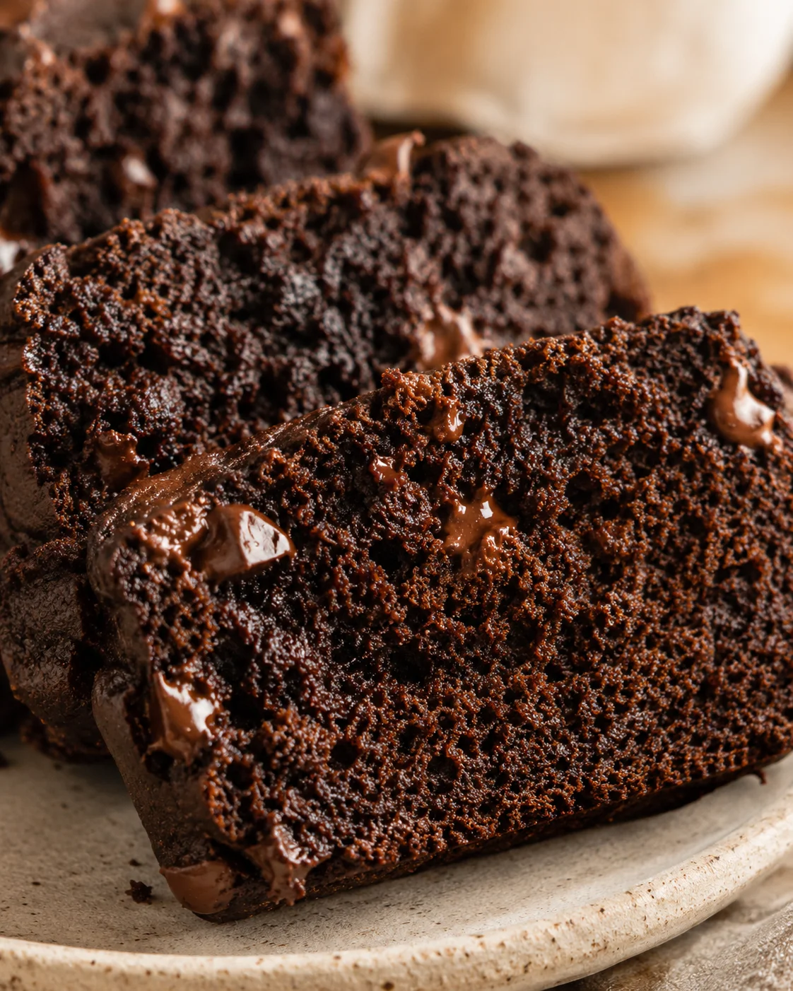 Slices of moist chocolate pumpkin bread on a plate with visible chocolate chips