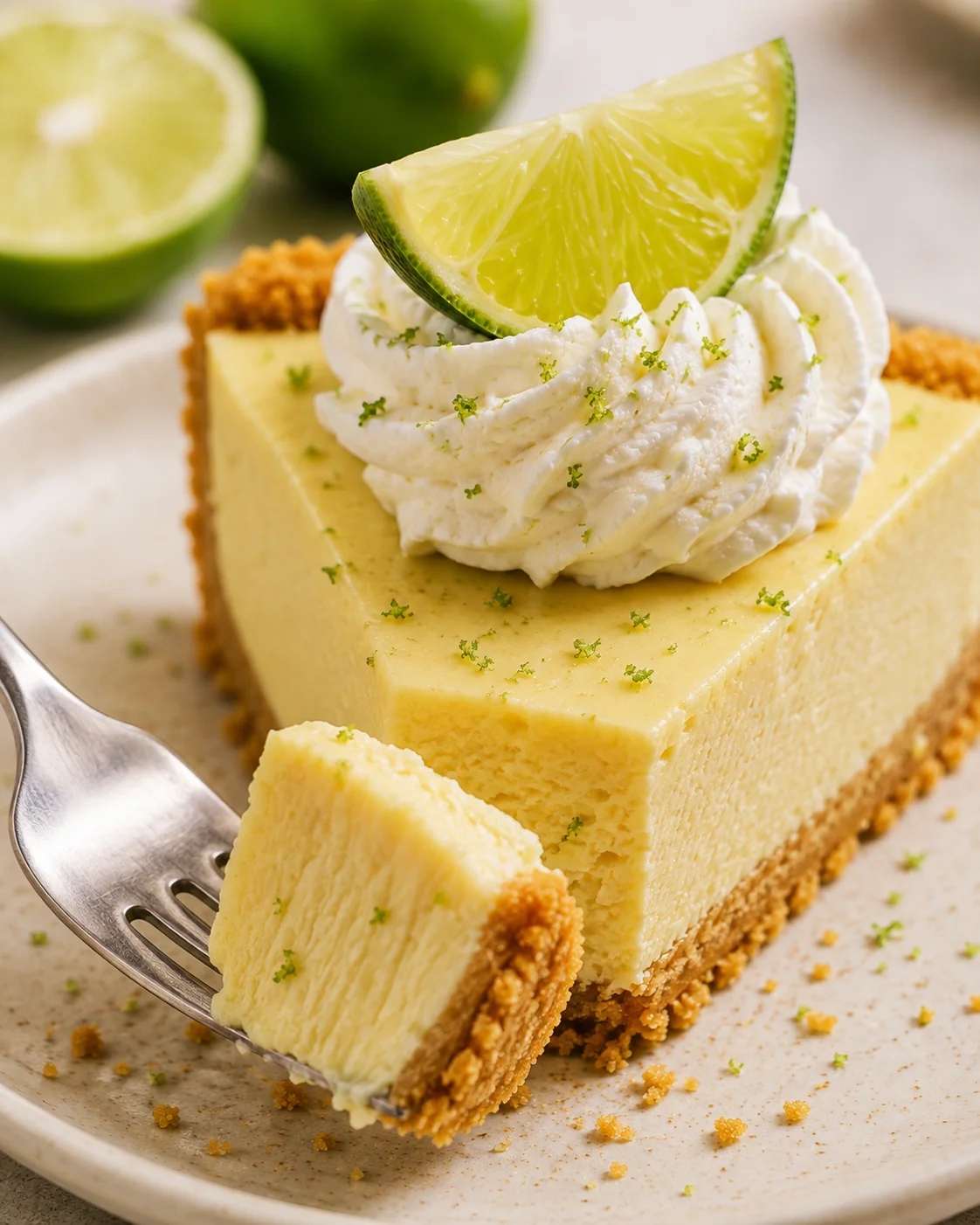 Fork lifting a bite from a slice of no‑bake key lime pie topped with whipped cream and lime wedge