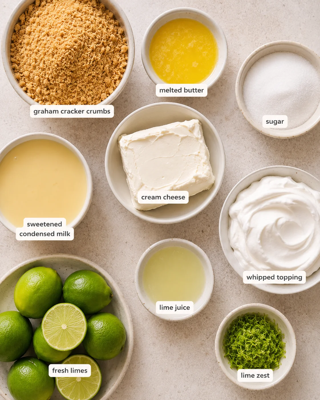 Top-down view of ingredients for no‑bake key lime pie including cream cheese, condensed milk, graham crumbs, limes and lime zest