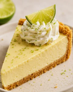Slice of no‑bake key lime pie topped with whipped cream, lime wedge, and graham cracker crust