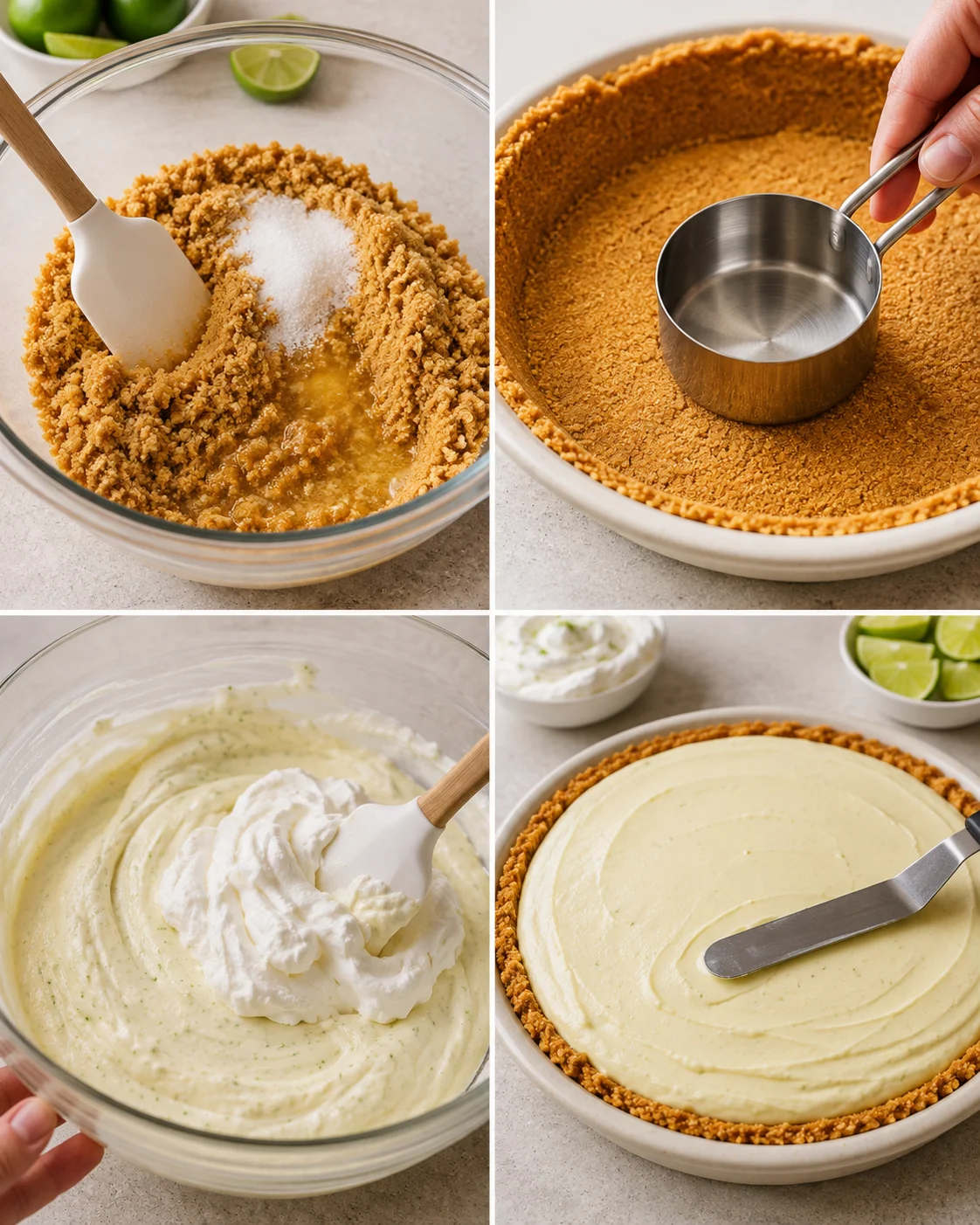 Four-panel collage showing steps to make no‑bake key lime pie: mixing crumbs, pressing crust, folding filling, and spreading filling into crust