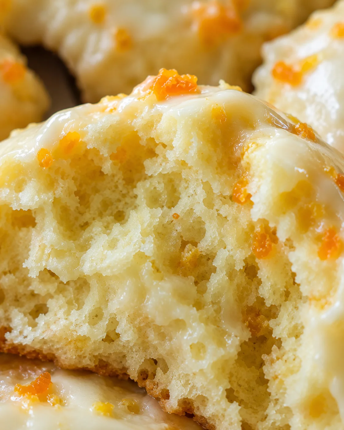 Interior crumb of a broken orange scone with glaze and zest