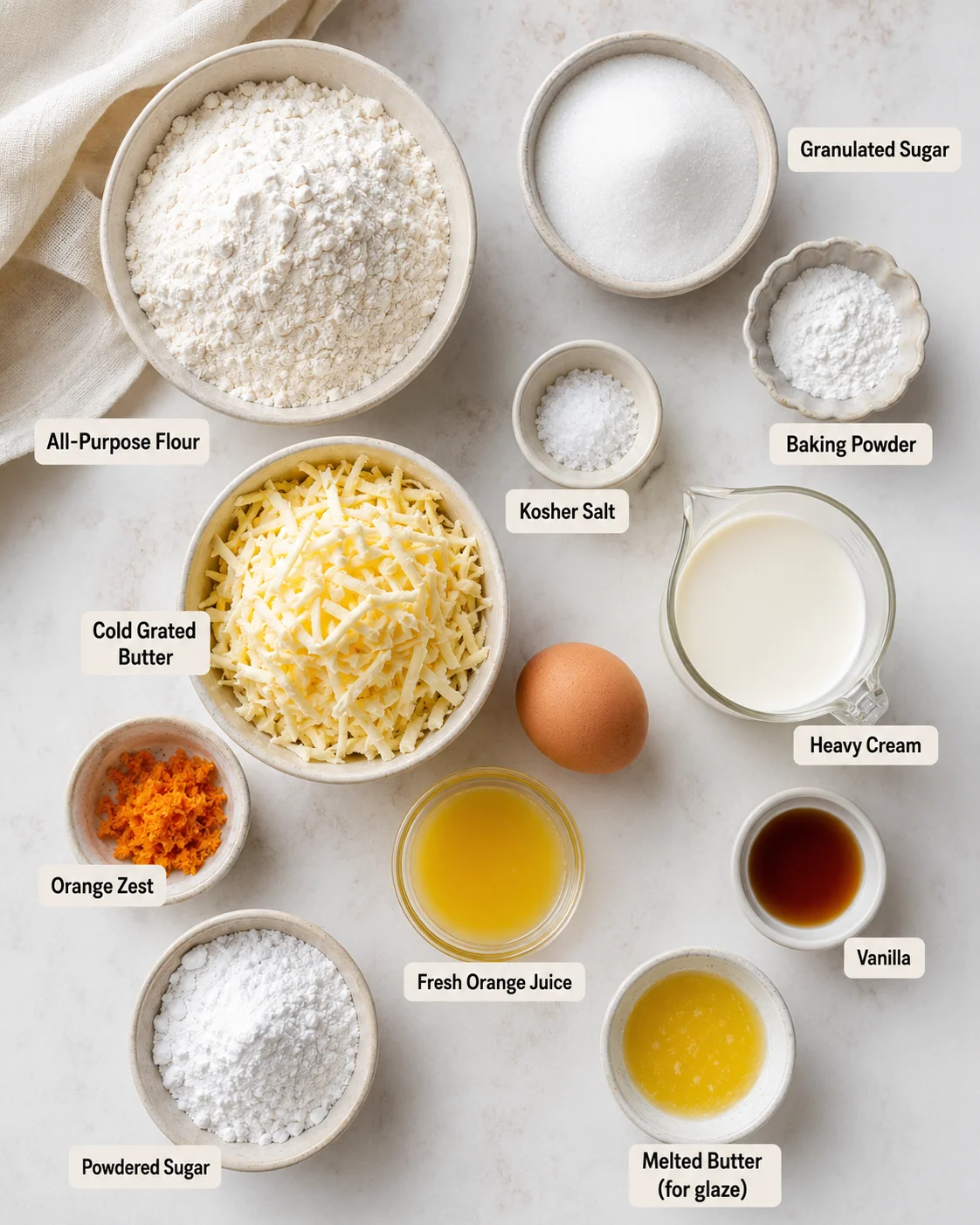Top-down arrangement of measured ingredients for orange scones in bowls