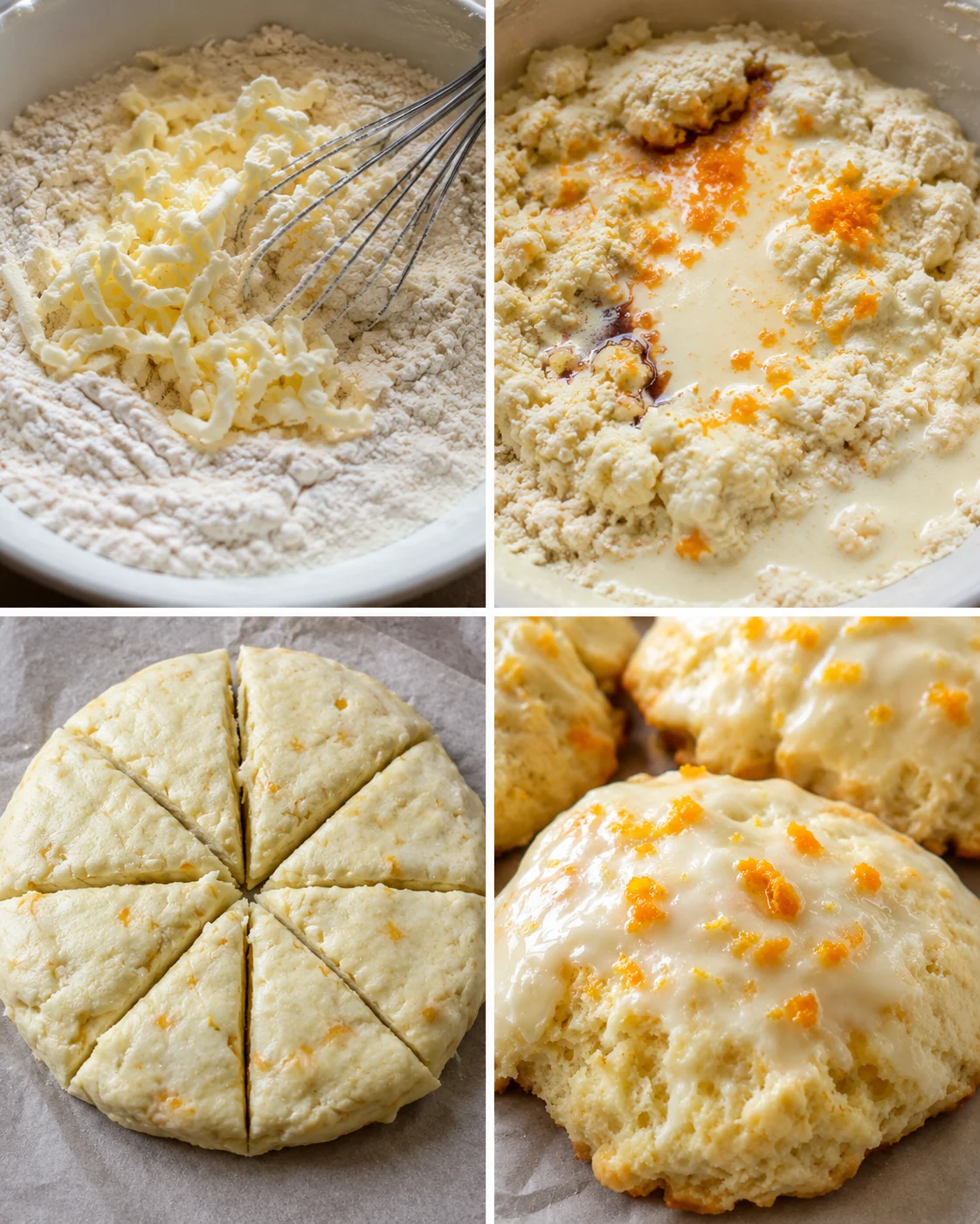 Collage showing steps to prepare orange scone dough and bake