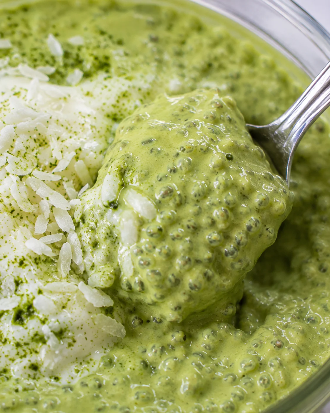 Matcha Chia Pudding Delight Creamy matcha chia pudding topped with shredded coconut and vibrant green color.