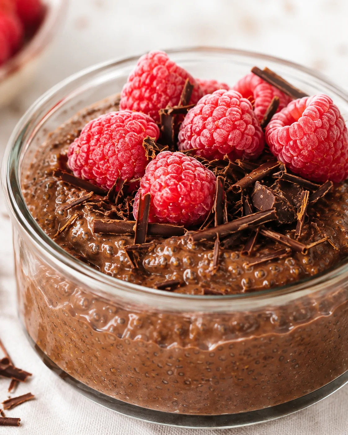 Creamy chocolate chia pudding topped with fresh raspberries and chocolate shavings