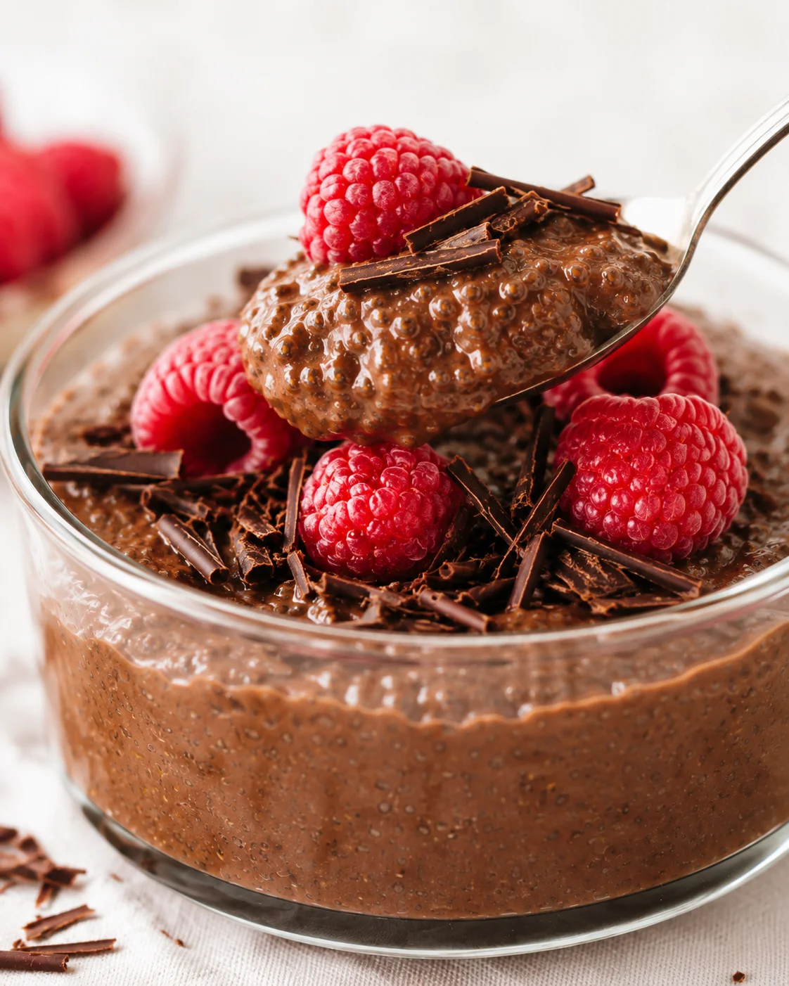 Creamy chocolate chia pudding topped with fresh raspberries and chocolate shavings.