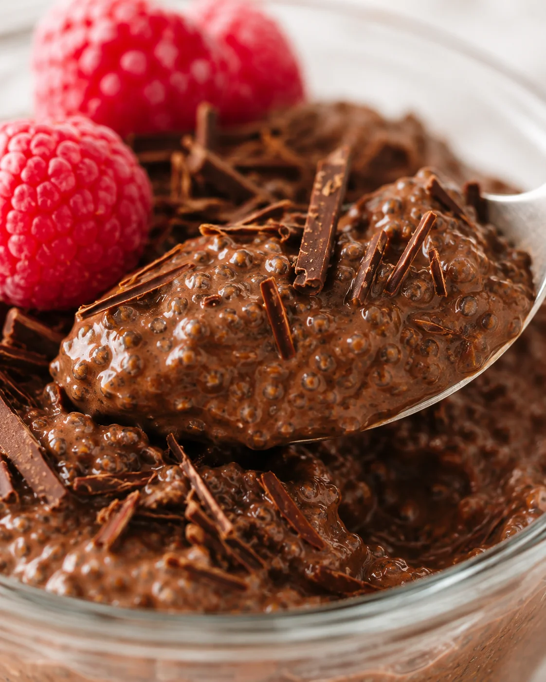 Creamy, chocolate chia pudding with shaved chocolate and fresh raspberries on top.