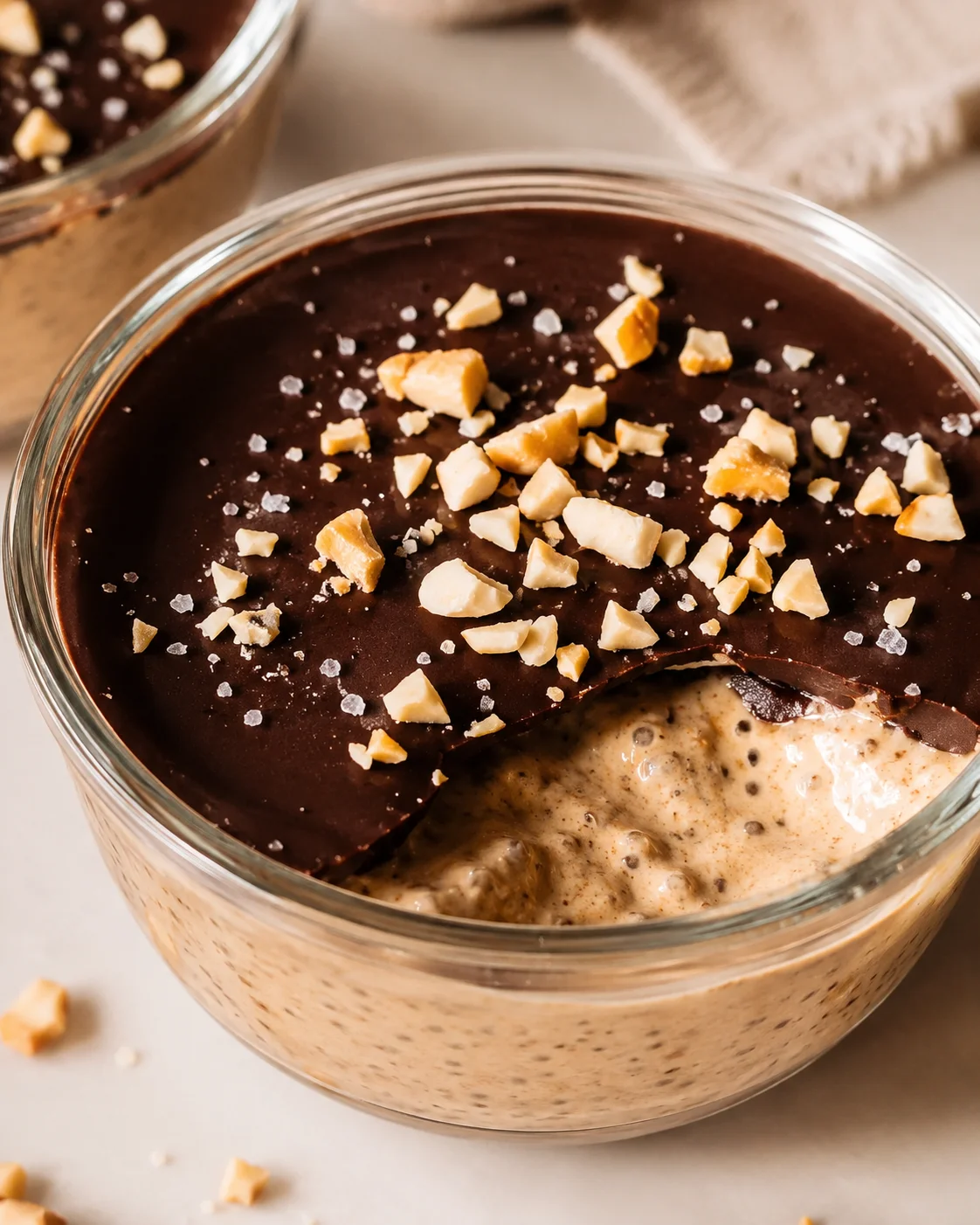 Silky smooth peanut butter chia pudding topped with chopped nuts and dark chocolate shell.