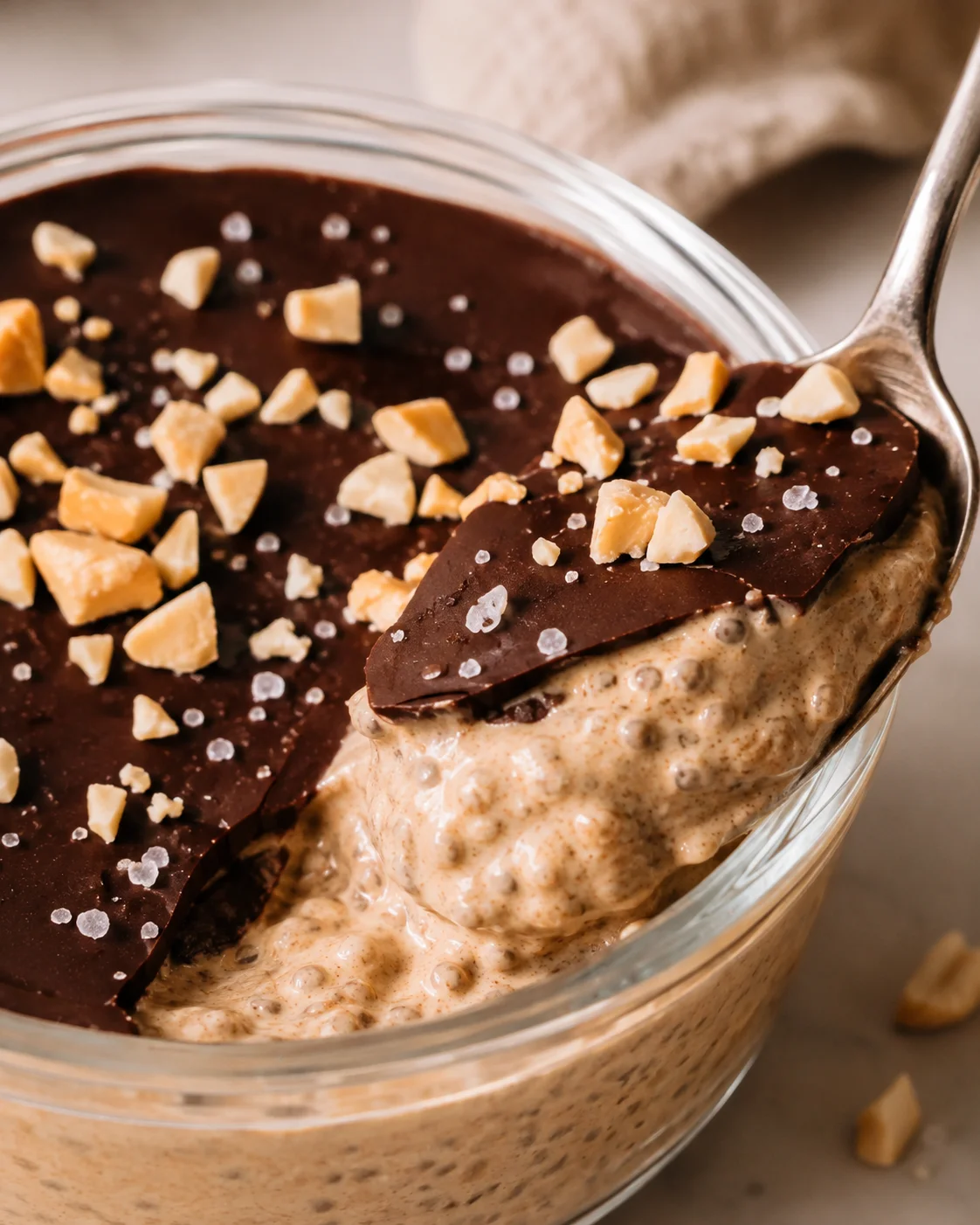 Rich and smooth peanut butter chia pudding with a dark chocolate shell on top.